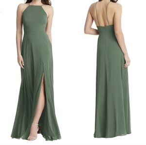NWT HIGH NECK CHIFFON MAXI DRESS WITH FRONT SLIT - LELA IN VINEYARD GREEN